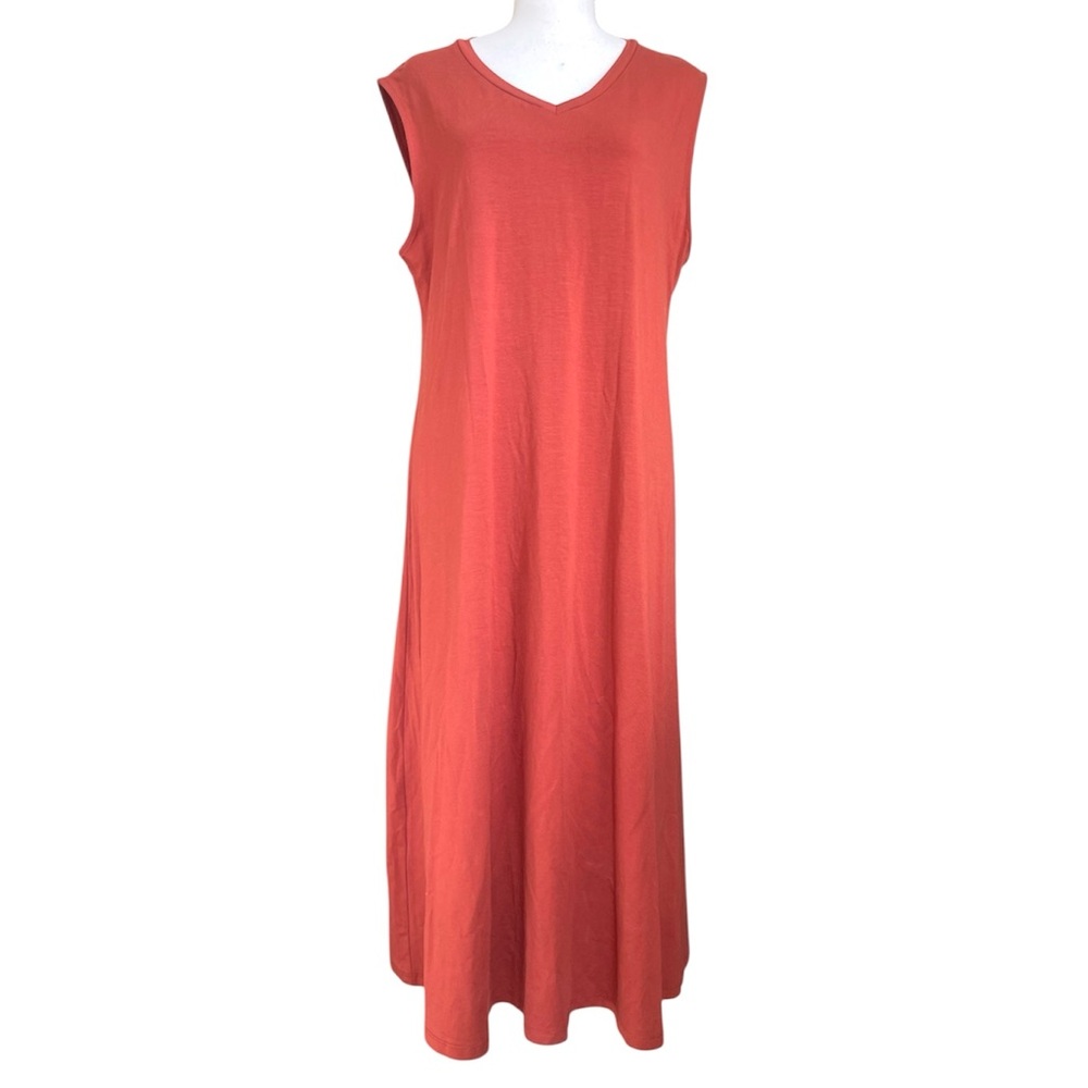 NWT Eileen Fisher Sleeveless V Neck Jersey Midi Dress Red Orange Lagenlook LARGE - Picture 5 of 12